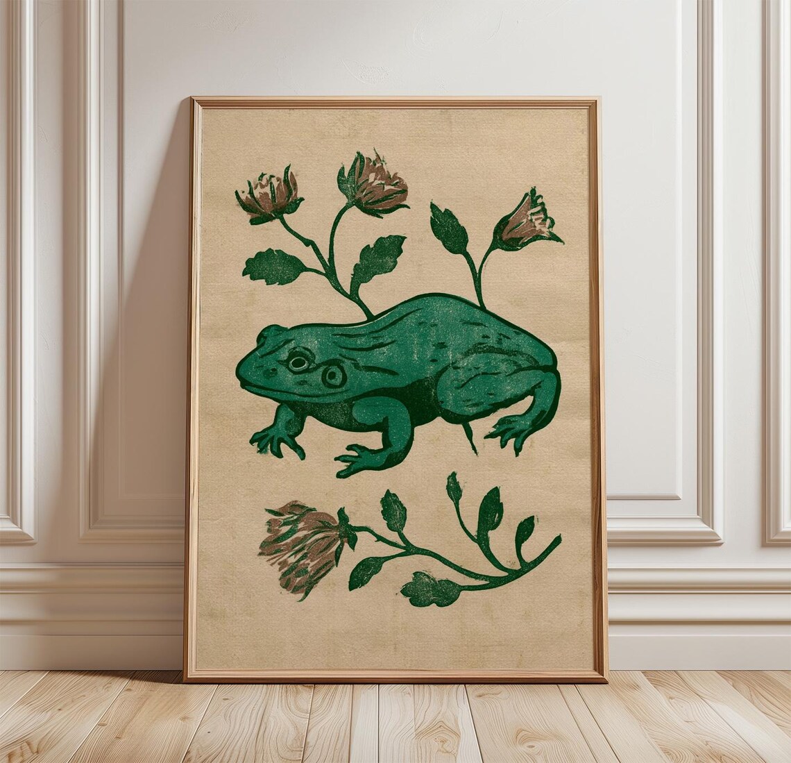 Green Frog Woodblock Folk Botanical Flowers Vintage Nature Garden Decor Poster