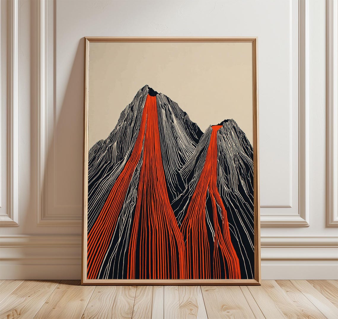 Abstract Volcano Red Lava Flowing Mountain Minimal Black Art Poster
