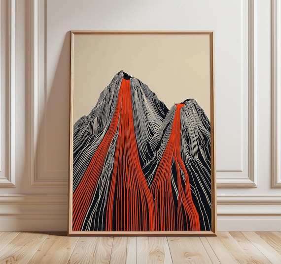 Abstract Volcano Mountain Poster Modern Black Red Wall Art Minimal Landscape Illustration Print Contemporary Home Decor Japanese