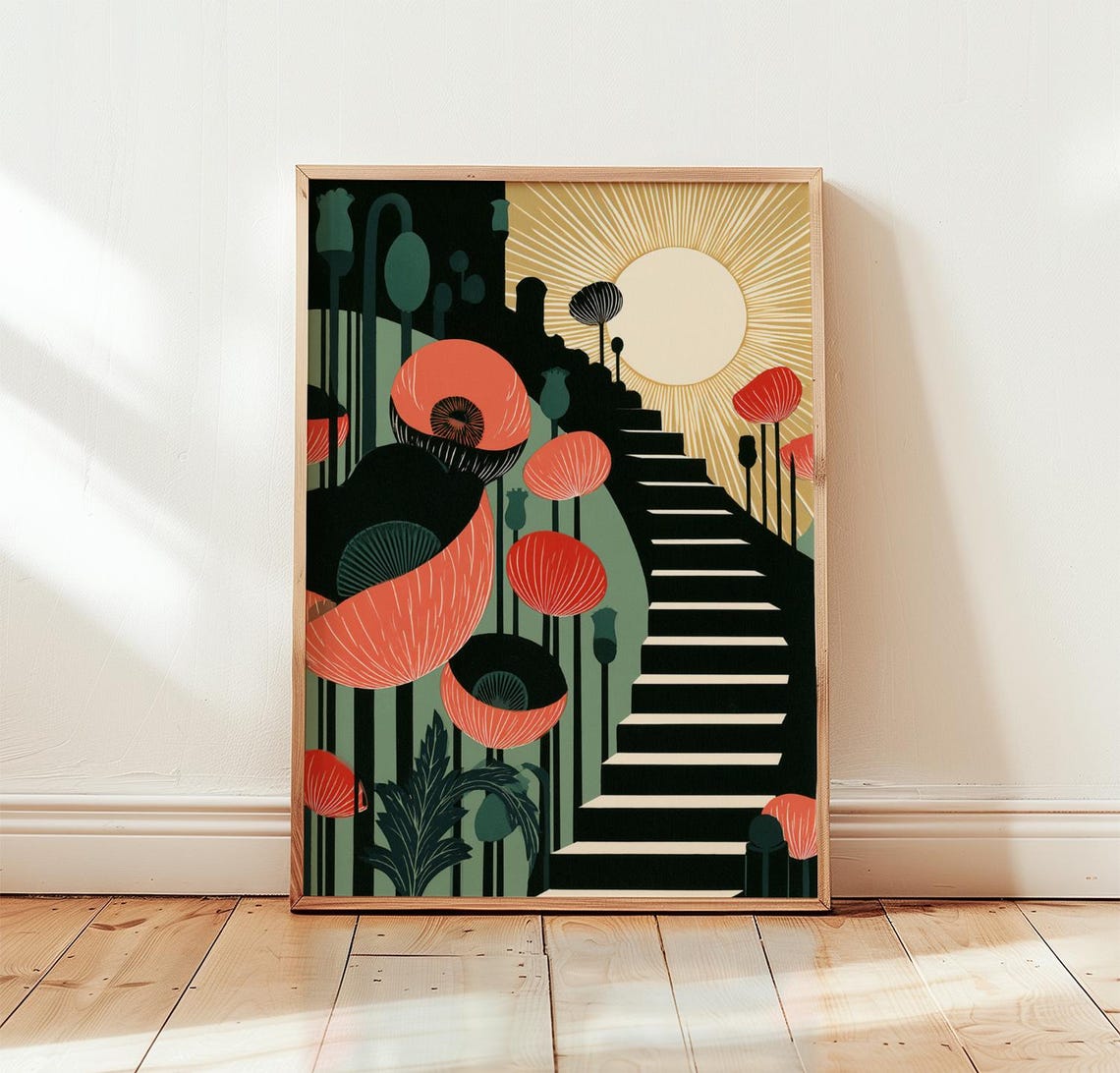 Art Deco Floral Poster Coral Botanical Wall Paper Print
