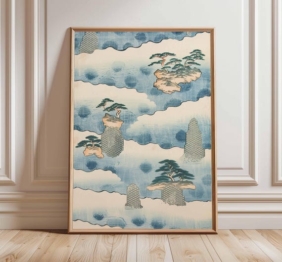 Floating Pine Islands Over Blue Clouds Japanese Landscape Poster
