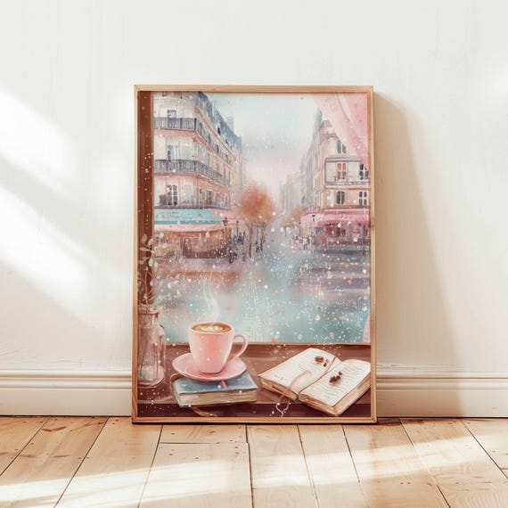 Paris Street Scene Poster Romantic Coffee Shop Window View Pink Latte Art Book Illustration Cozy Parisian Caf Print No Frame