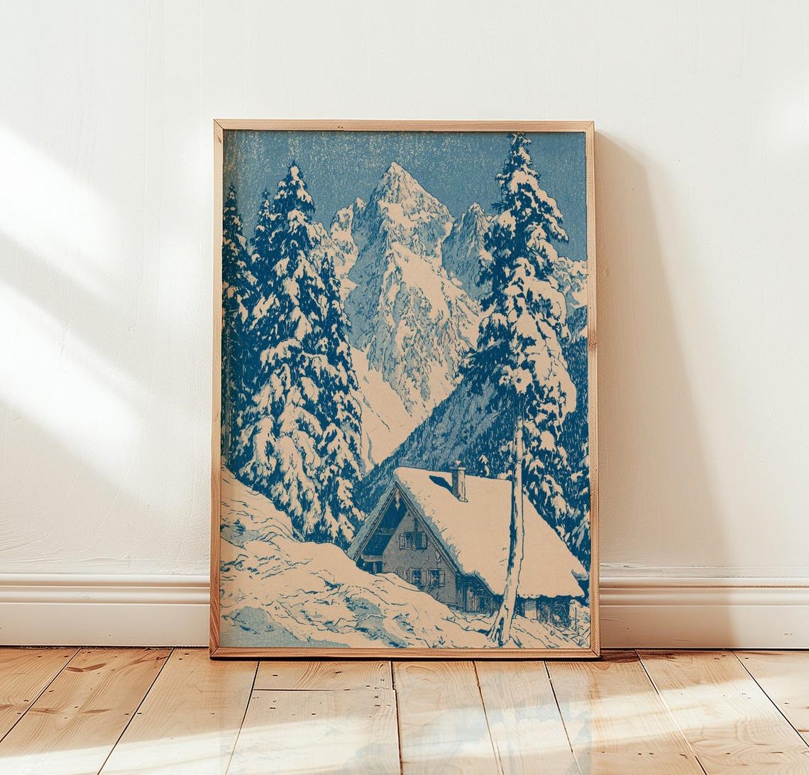 Vintage Blue Snowy Mountain Cabin Winter Alpine Forest Poster