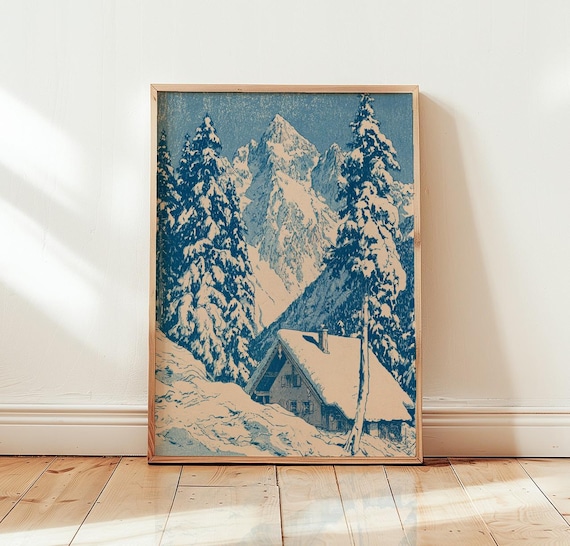 Vintage Blue Snowy Mountain Cabin Winter Alpine Forest Poster