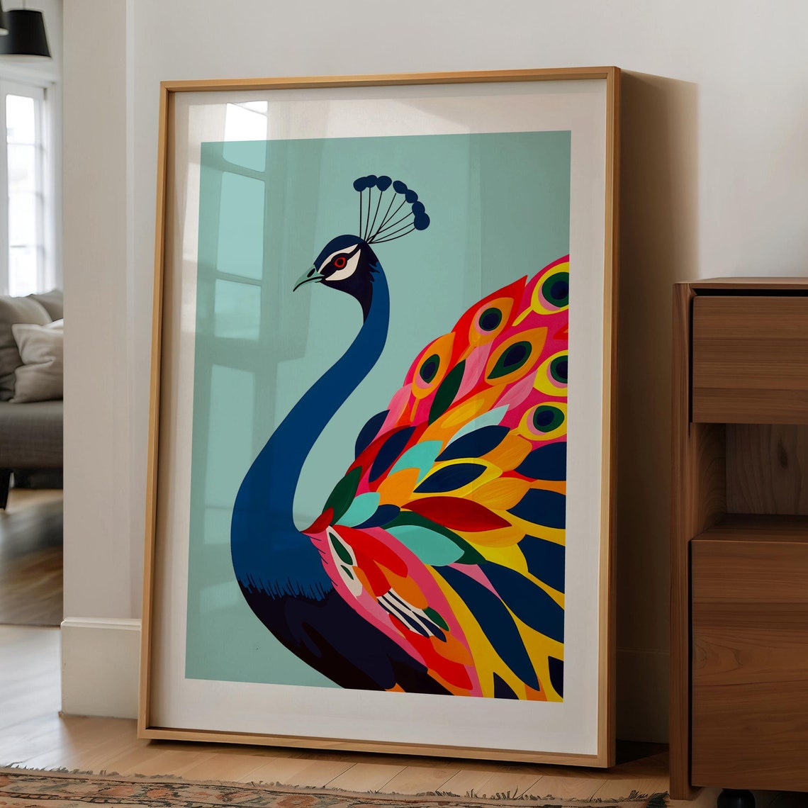 Stylised Blue Peacock with a Rainbow Feather Tail Bird Art Print - Image 4