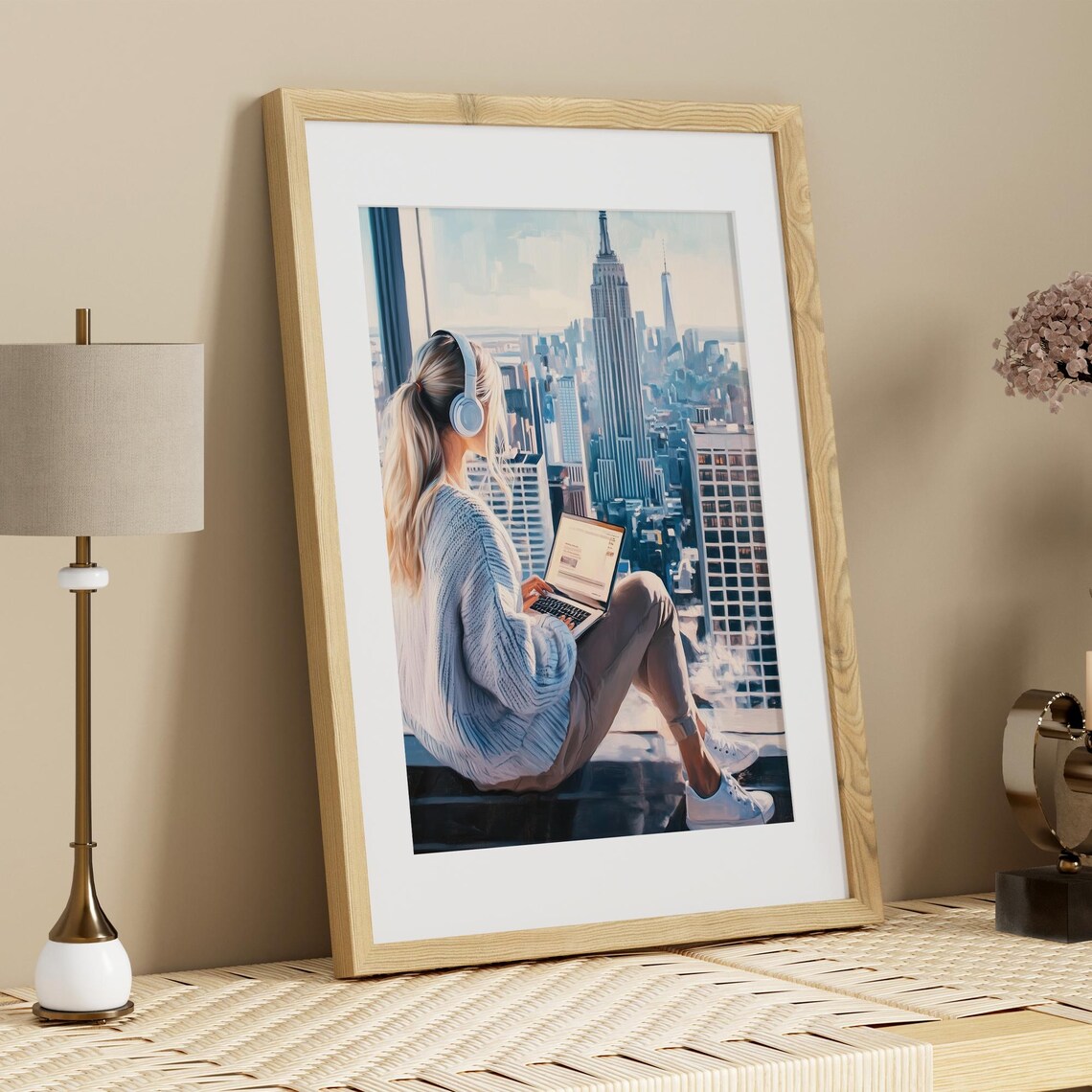 Woman With Headphones New York City Skyline Laptop Travel Poster - Image 3