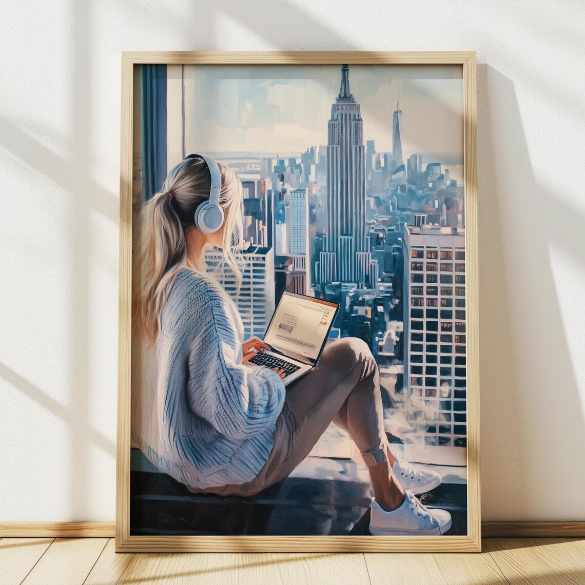 Woman With Headphones New York City Skyline Laptop Travel Poster