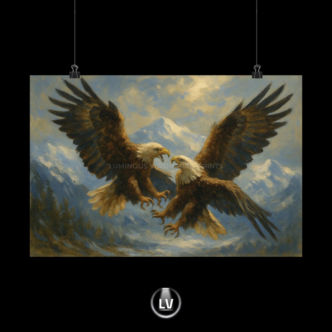 Bald Eagles Fighting Midair Mountain Sky Painting Art Poster