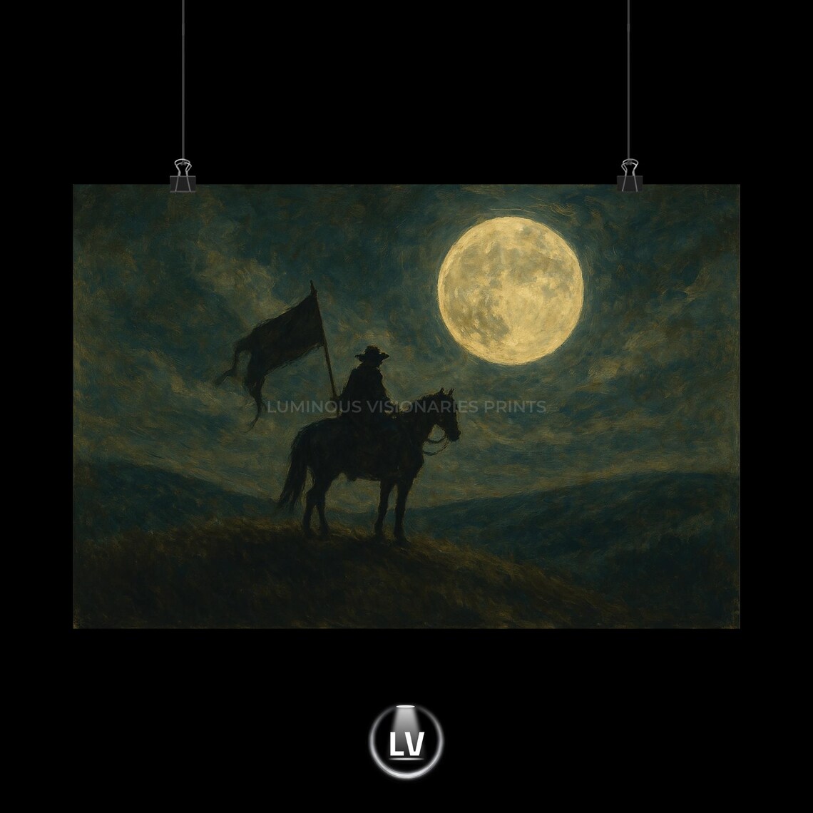 Lone Cowboy Horseback Full Moon Night Western Silhouette Art Print