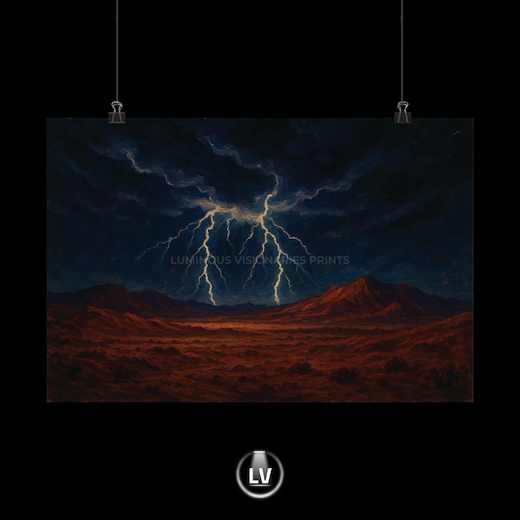 Desert Thunderstorm Lightning Oil Painting Dramatic Night Poster