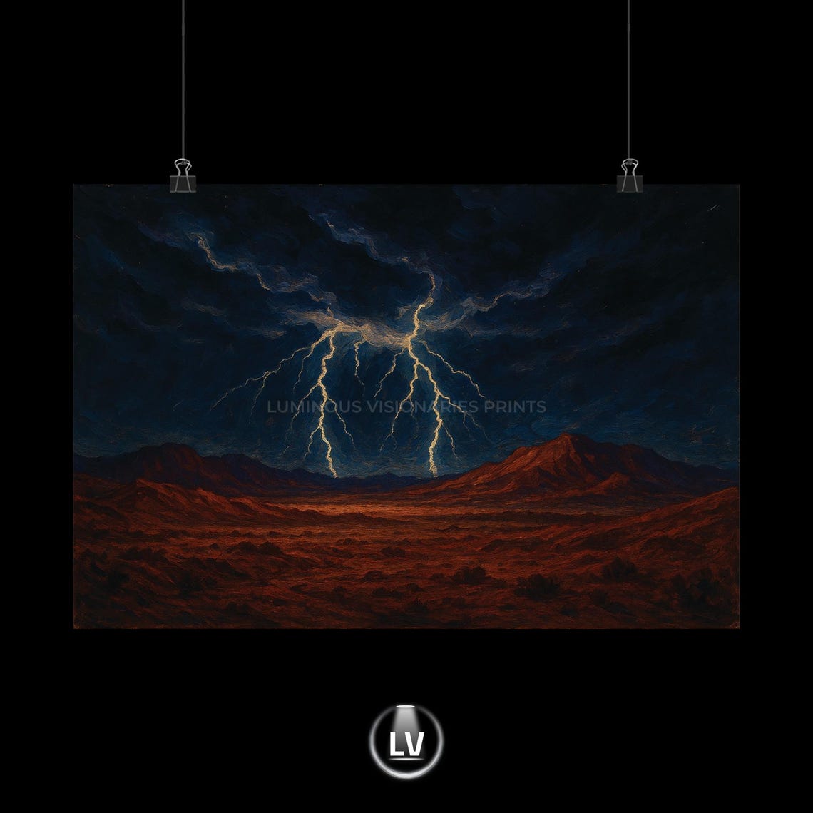 Desert Thunderstorm Lightning Oil Painting Dramatic Night Poster