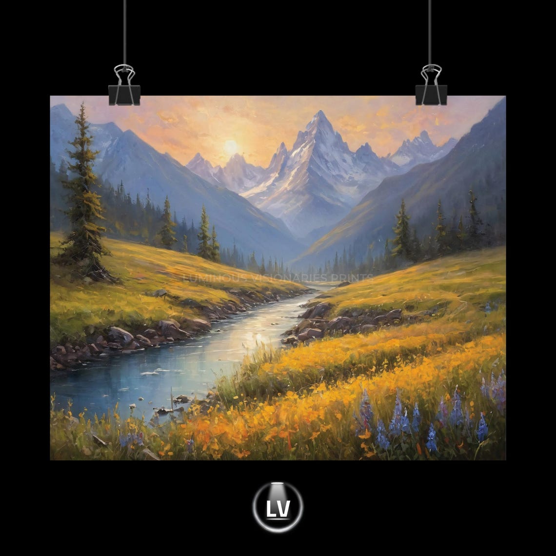 Sunrise Mountain Valley Painting Poster River and Wildflowers