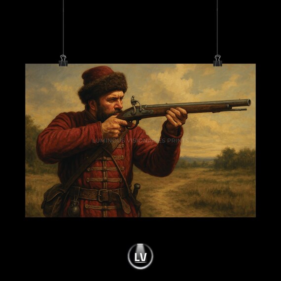 Hunter Portrait Painting Poster Fur Hat Aiming Antique Rifle