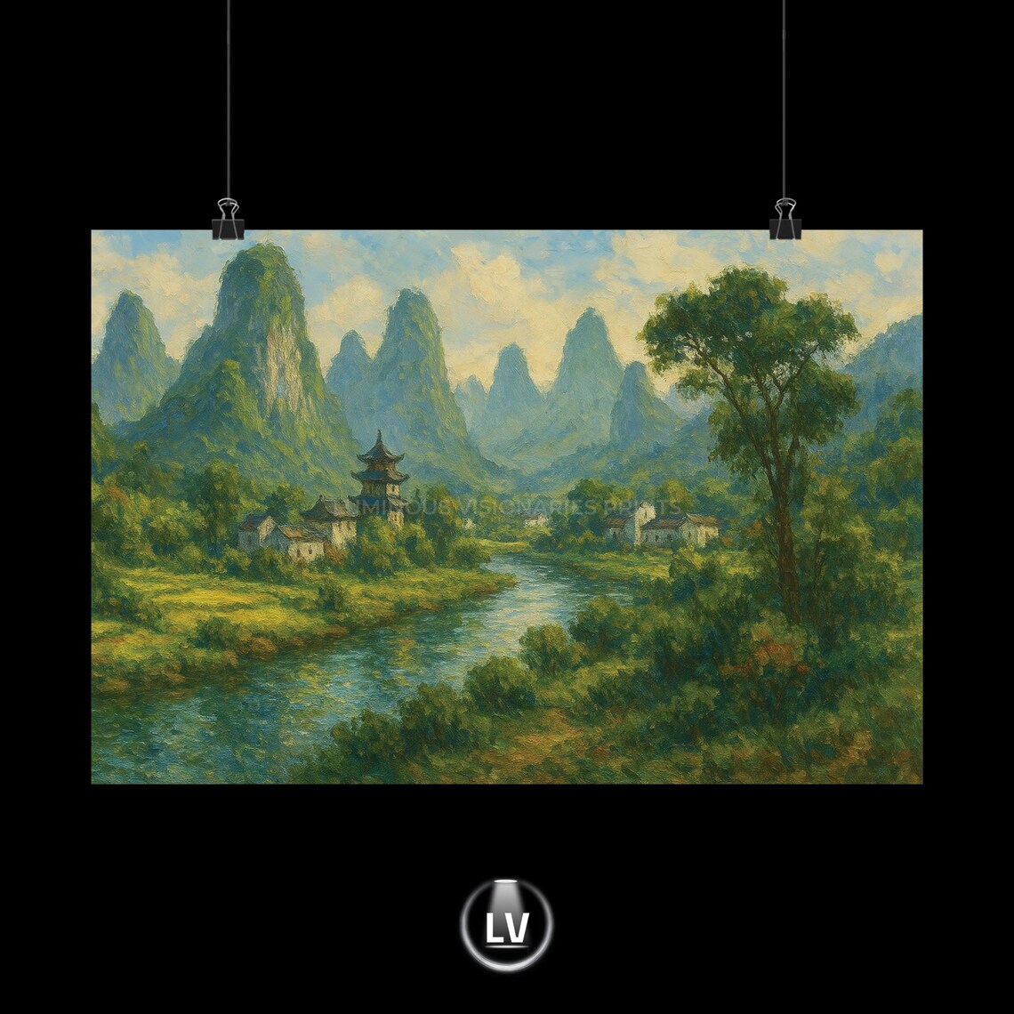 Asian Karst Mountain River Village Oil Painting Poster Tropical Landscape