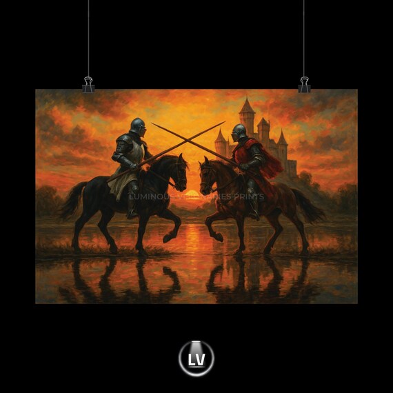 Jousting Knights at Sunset Medieval Tournament Oil Painting Poster