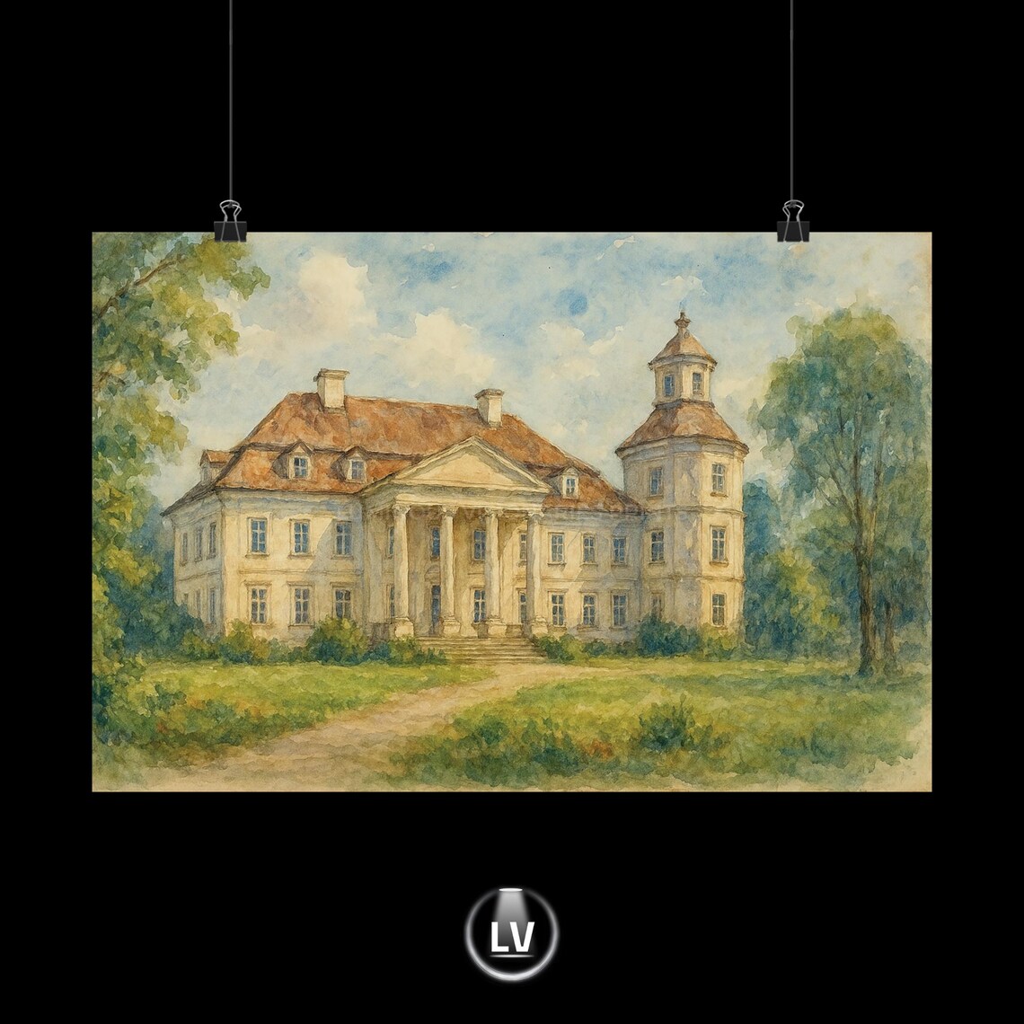 Elegant Watercolor Manor House Columns Tower Estate Garden Poster