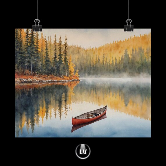 Red Canoe Misty Autumn Lake Pine Reflection Watercolor Nature Poster