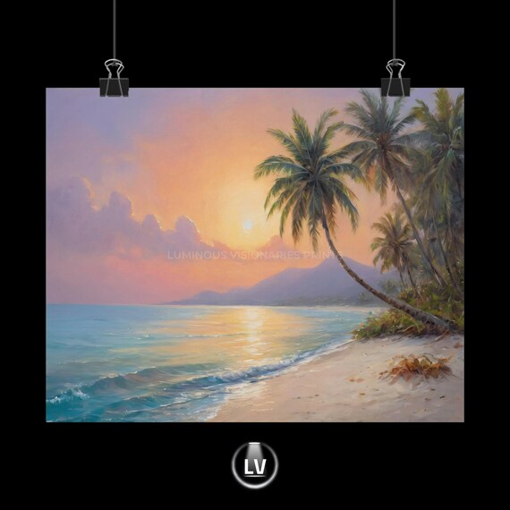 Tropical Beach Sunset Palm Trees Oil Painting Coastal Scene Poster