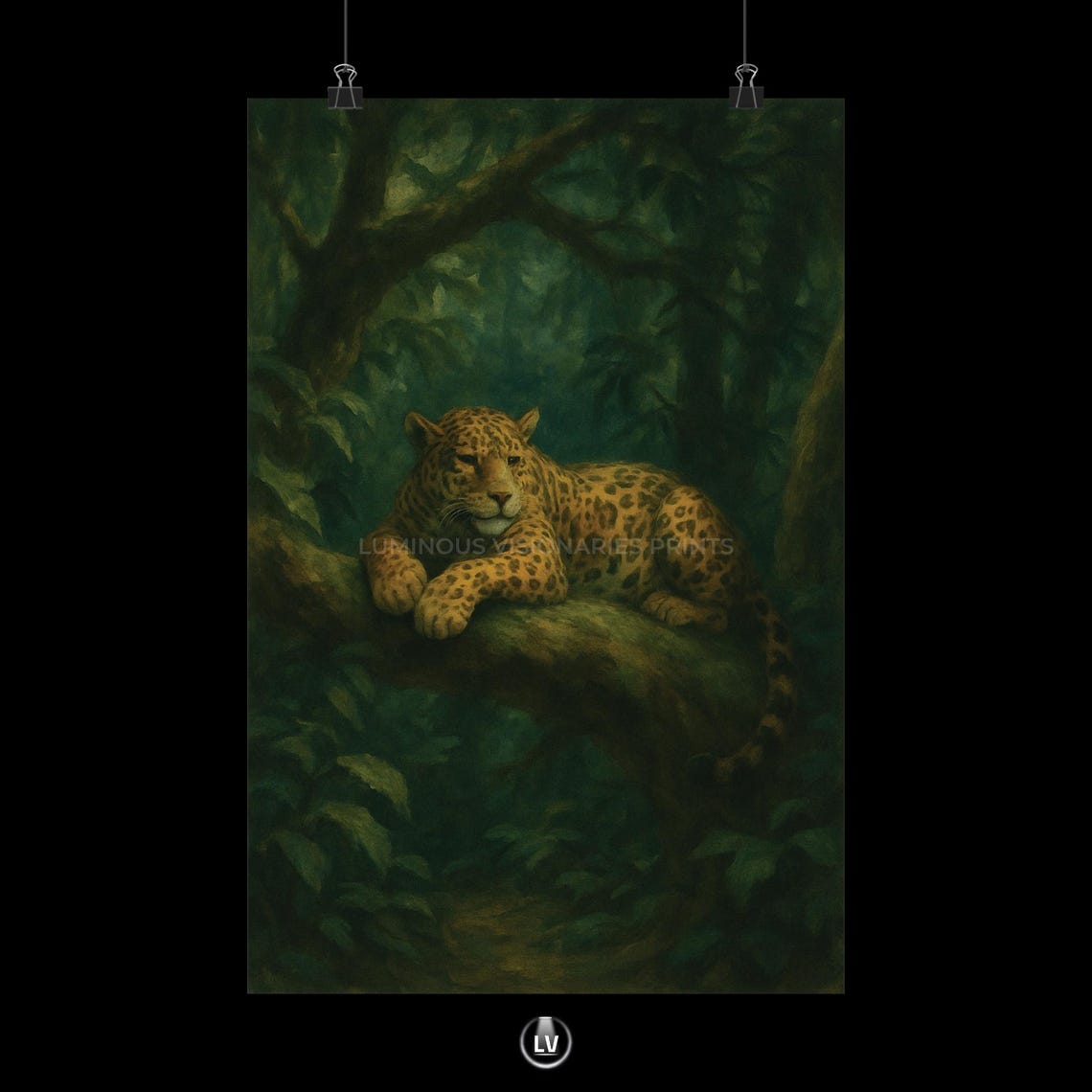 Leopard Resting on a Jungle Branch Wild Cat Oil Painting Poster