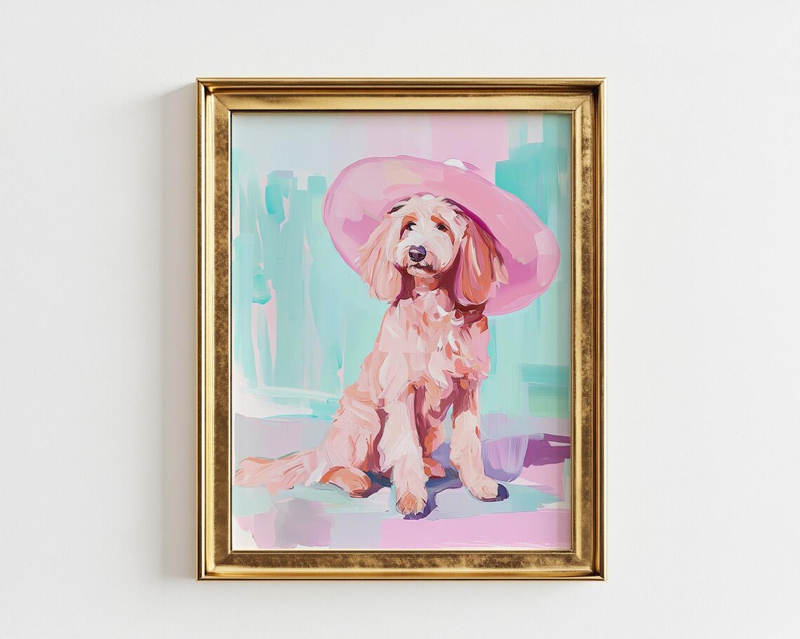 Golden Doodle in Wide Brim Hat, Pastel Art Print