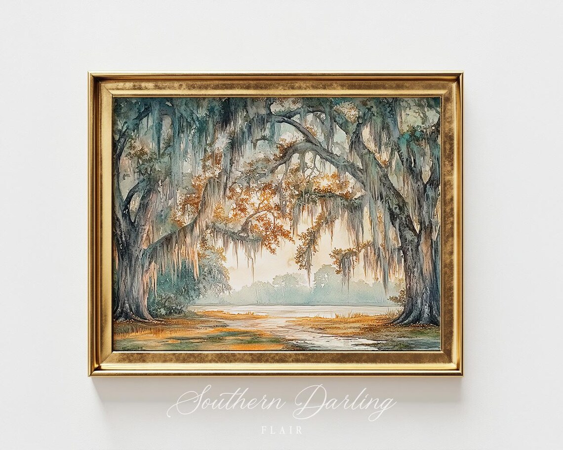 Live Oak Trees With Spanish Moss Southern Landscape Watercolor Poster