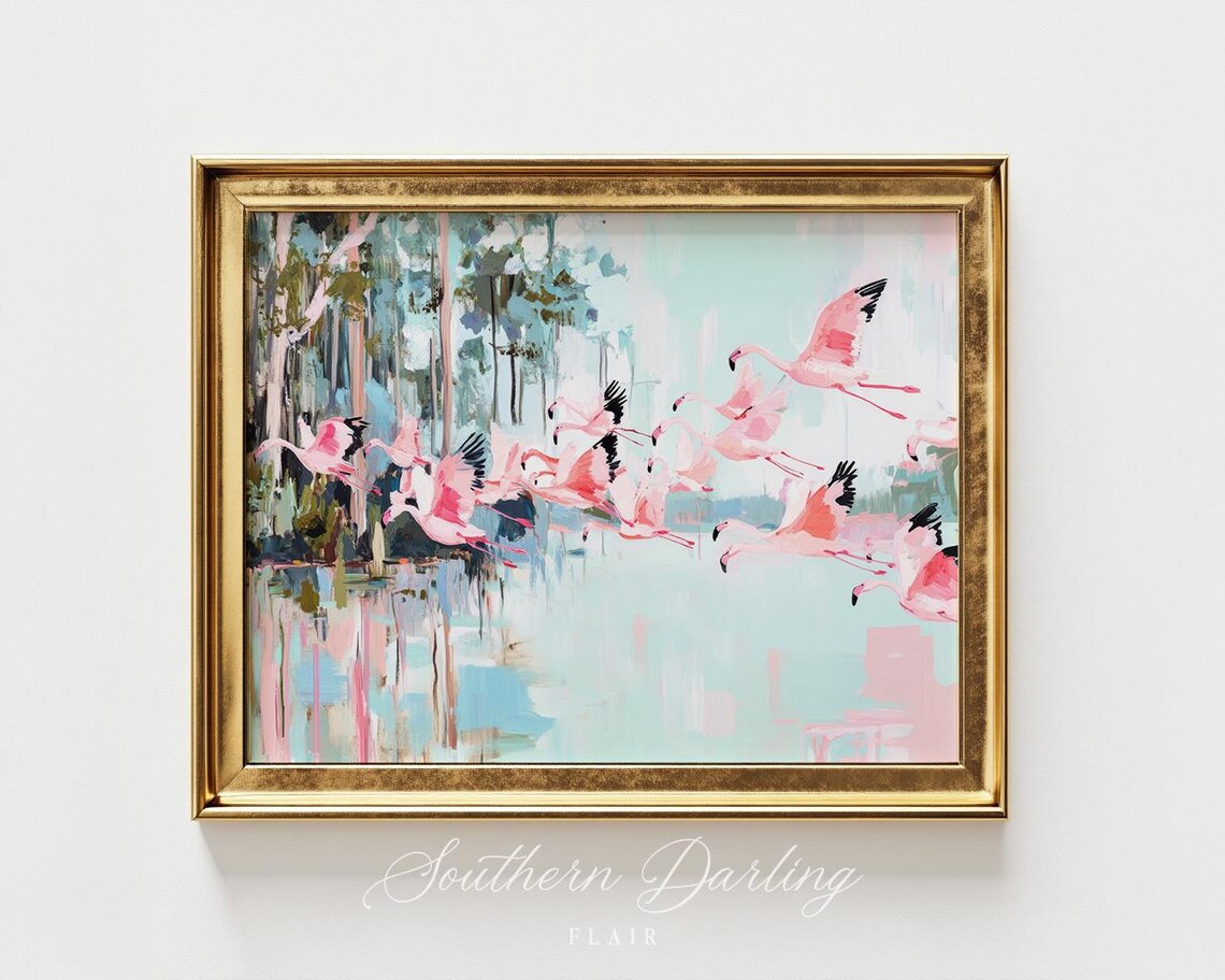 Flamingos Flying Over Water, Grandmillenial Art Print