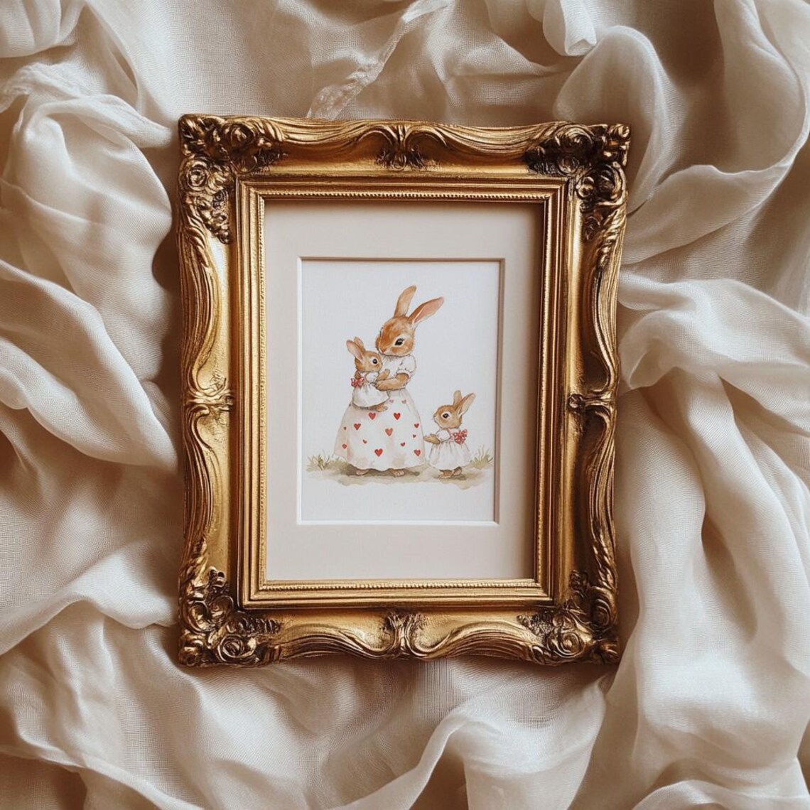 Mother Rabbit With Two Baby Bunnies Heart Dress Nursery Art Poster - Image 3