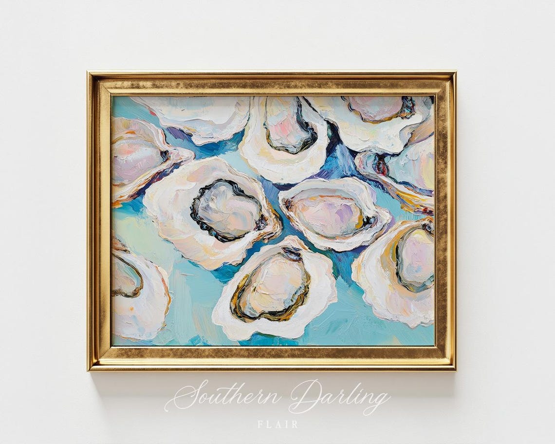 Oyster Shells On Blue Background Impasto Coastal Shell Art Poster