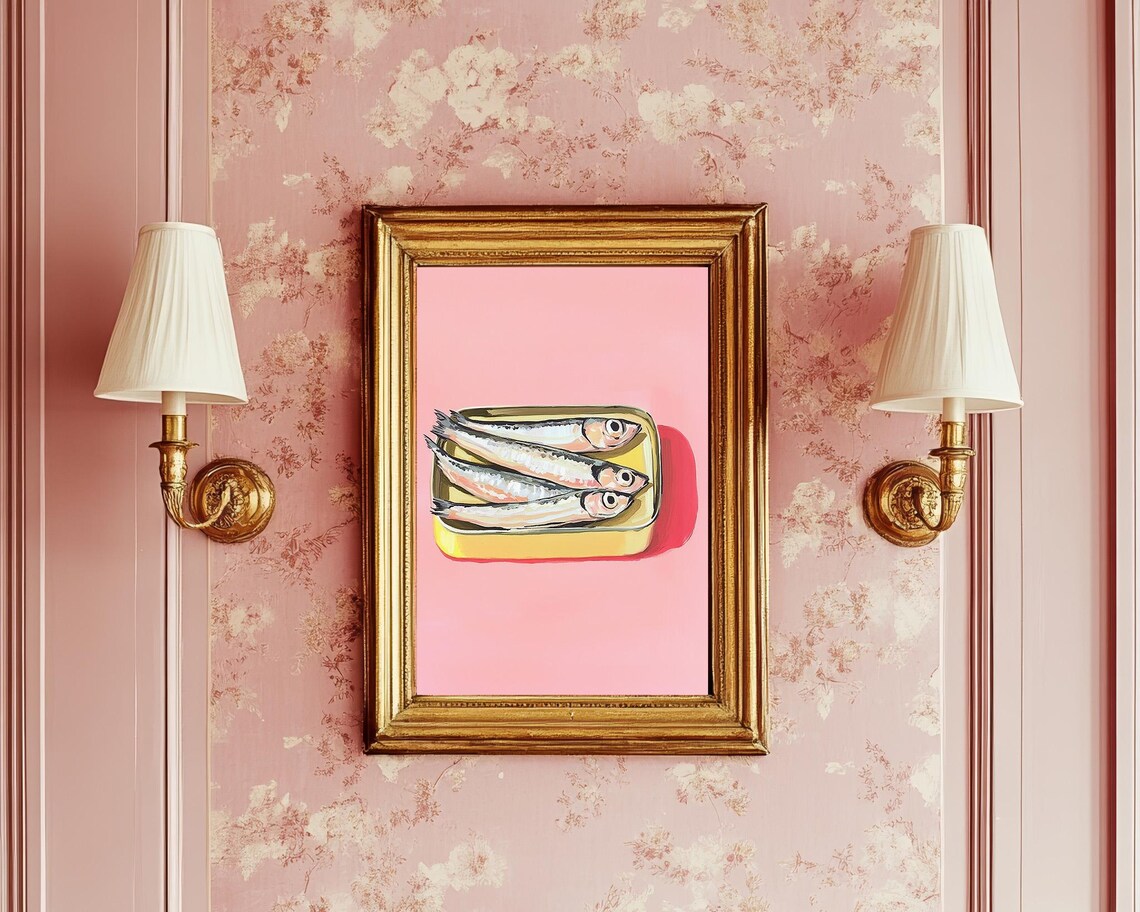 Sardines On Yellow Tin Pink Background Modern Coastal Kitchen Poster - Image 2