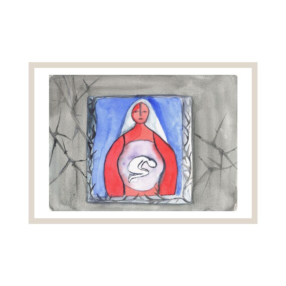 Silent Power Red Blue Mother Figure Abstract Watercolor Poster