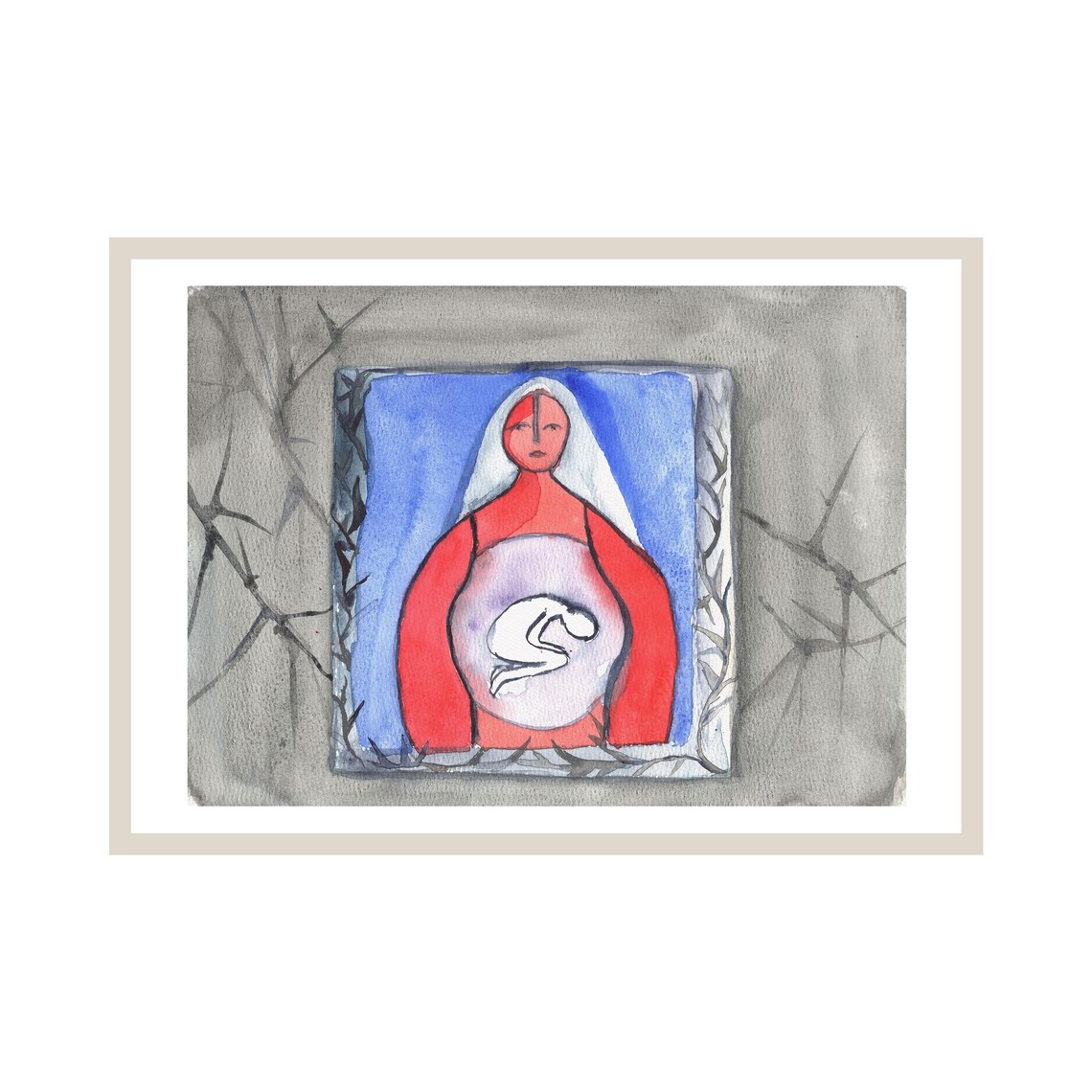 Silent Power Red Blue Mother Figure Abstract Watercolor Poster