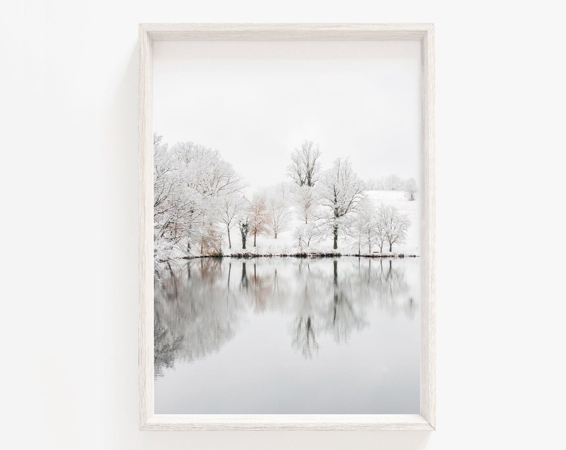 White Winter Landscape Art Print, Nordic Minimalist