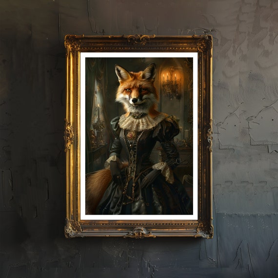 Vintage Fox In Victorian Dress Print Dark Academia Art Gothic Home Decor Antique Animal Portrait Era Fashion Poster