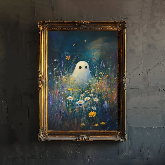 Cute Ghost in Wildflower Meadow Night Spooky Sweet Halloween Art Poster