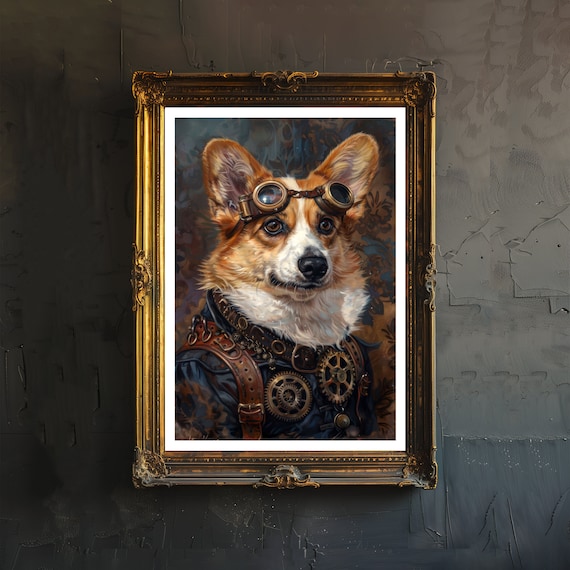Steampunk Corgi Dog Goggles Gears Portrait Whimsical Animal Art Poster