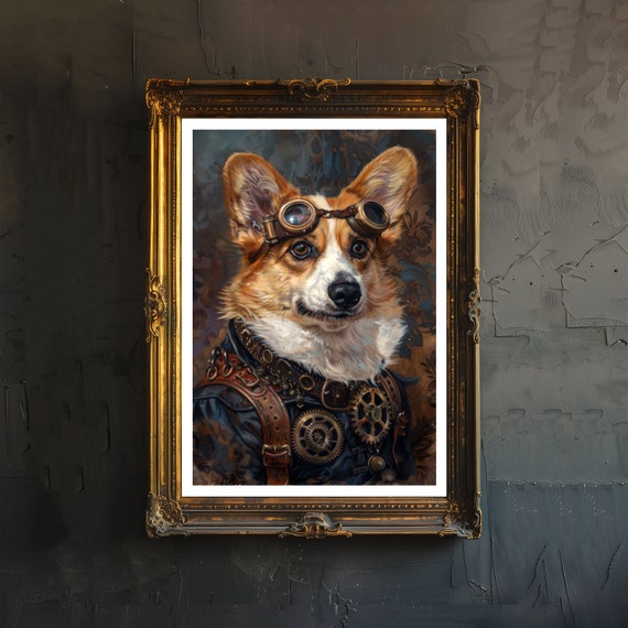 Victorian Steampunk Corgi Print Dark Academia Art Gothic Home Decor Antique Dog Portrait Era Poster Rustic Vintage