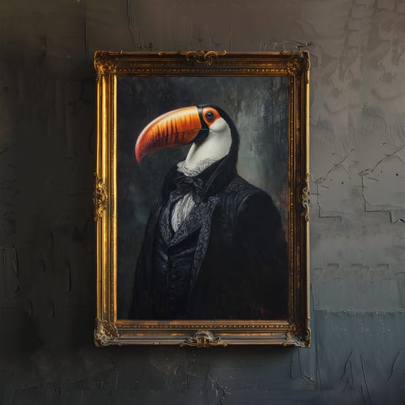 Toucan In Victorian Suit Poster Dark Academia Art Whimsical Decor Antique Illustration Vintage Bird Wall Rustic