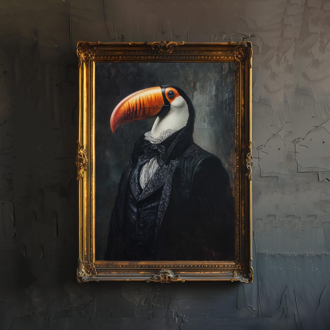 Toucan In Victorian Suit Poster Dark Academia Art Whimsical Decor Antique Illustration Vintage Bird Wall Rustic