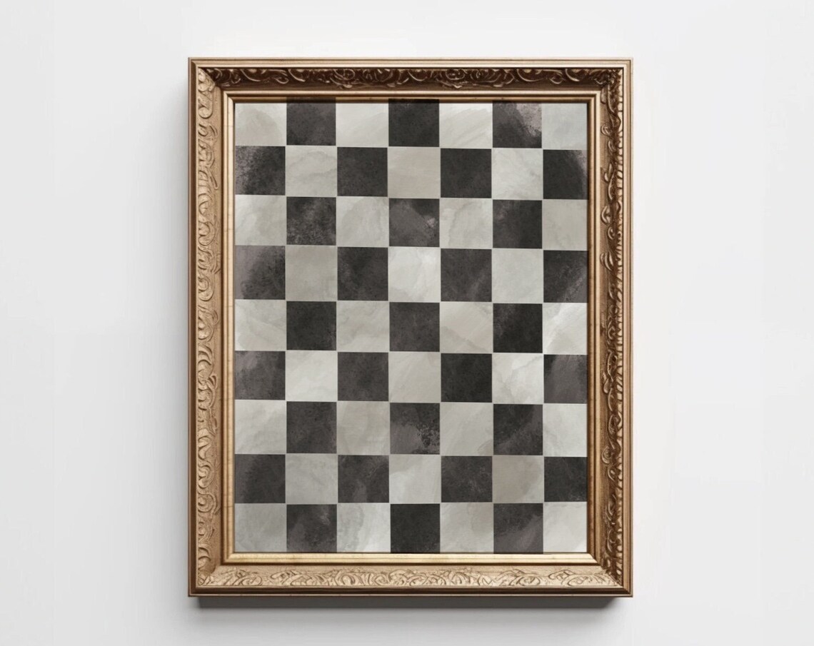 Black White Checkered Watercolor Checkerboard Pattern Gold Frame Poster