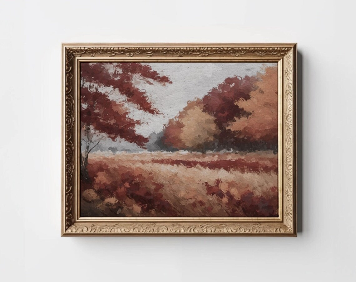 Dark Moody Fall Art Print, Burgundy Vintage Landscape