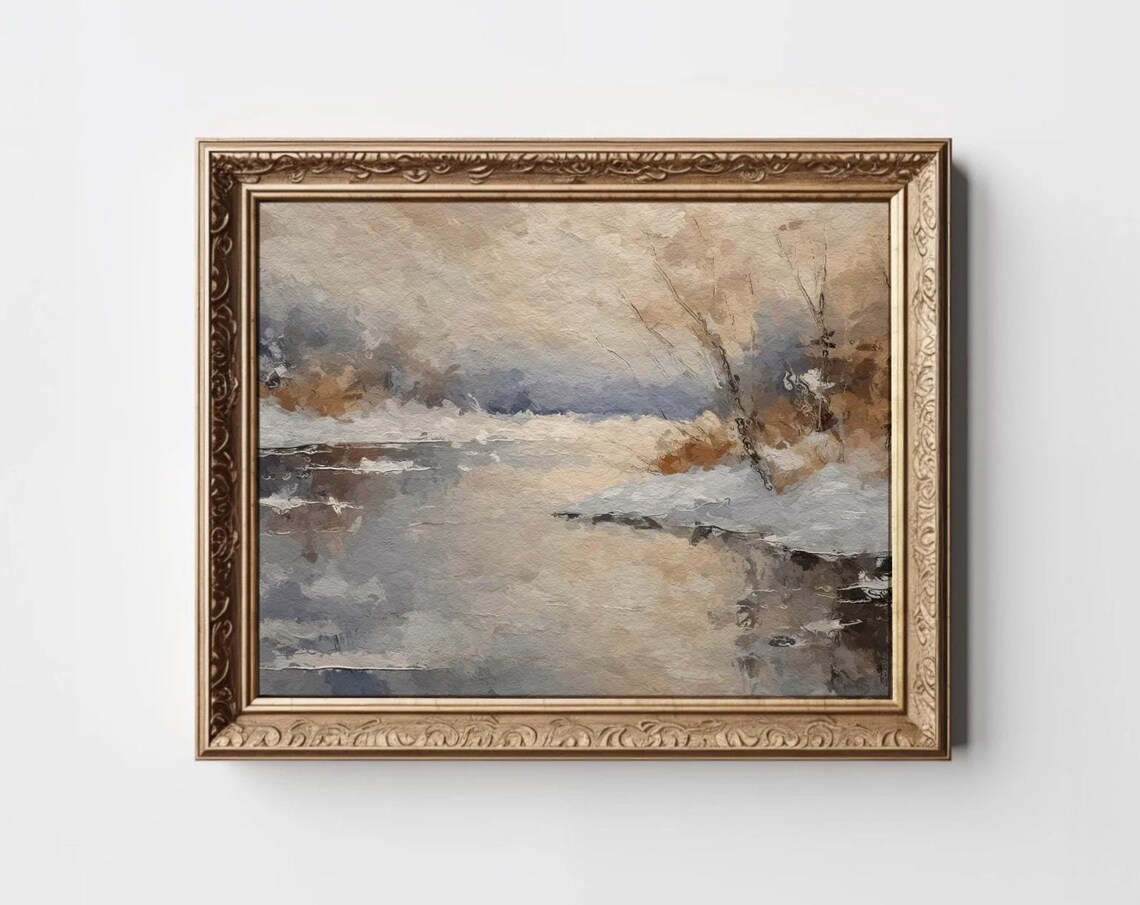 Muted Winter River Landscape Pale Snow Vintage Painting Poster