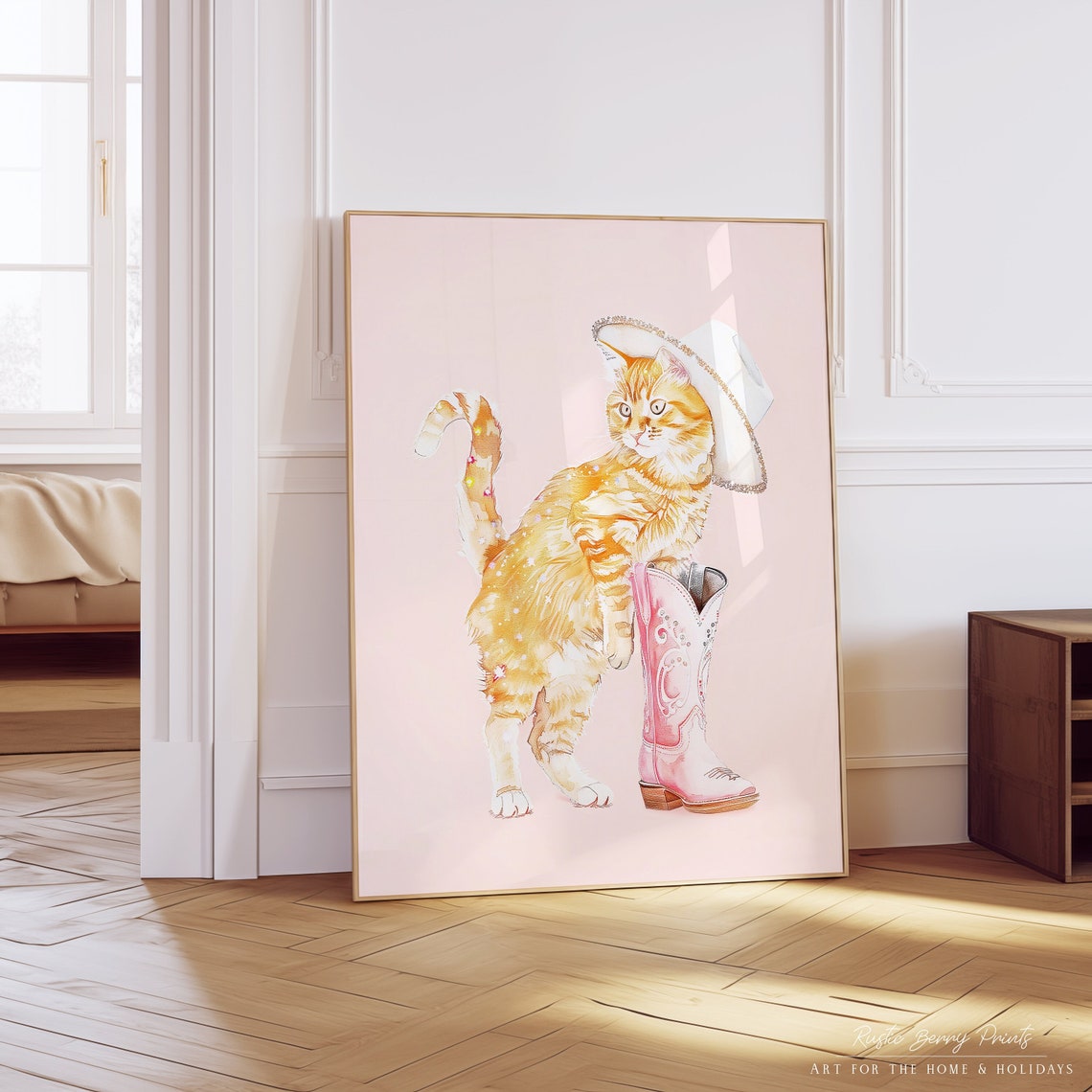 Pink Cowgirl Fashion Cat Print Wall Art Orange Cat Cowgirl Hat Western Cowgirl Boots Preppy Trendy Instant