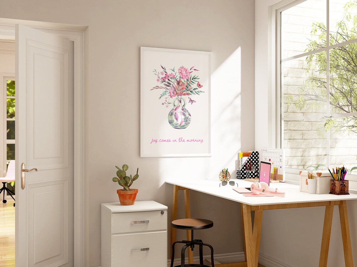 Joy Comes in the Morning Watercolor Floral Vase Butterfly Pastel Art Poster - Image 3