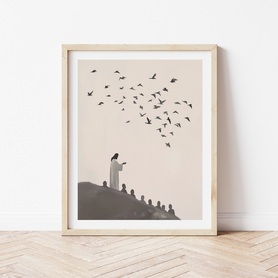 Jesus And The Birds Minimalist Monochrome Bible Story Print Art - Image 2