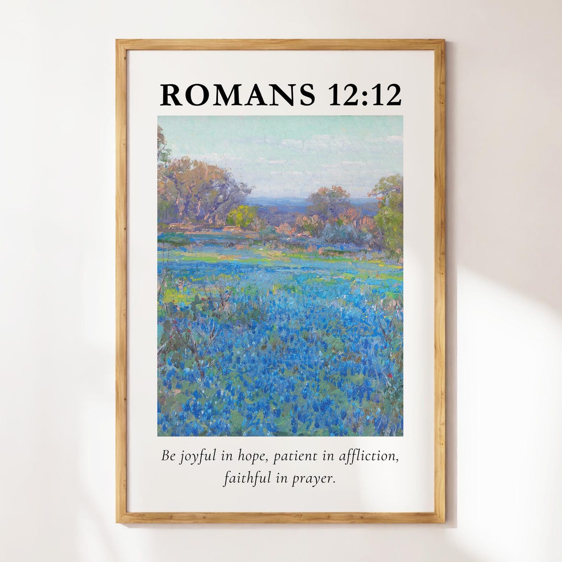 Romans 12:12 Blue Wildflower Vintage Painting Scripture Verse Poster