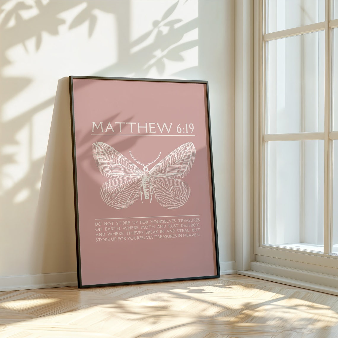 Matthew 619 Moth Engraving Mauve Scripture Poster With Verse Text - Image 3