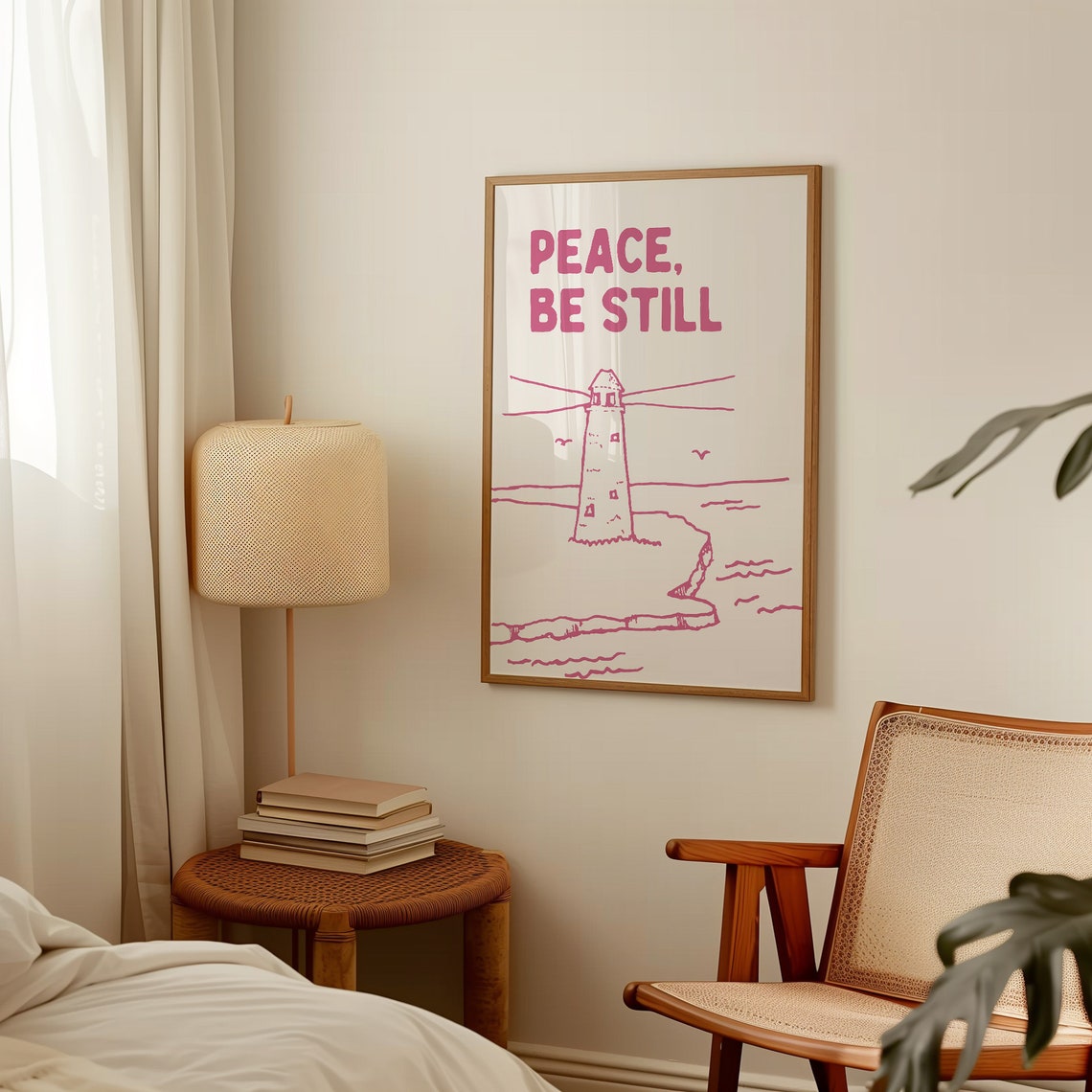 Peace Be Still Pink Retro Lighthouse Coastal Christian Poster Art - Image 4