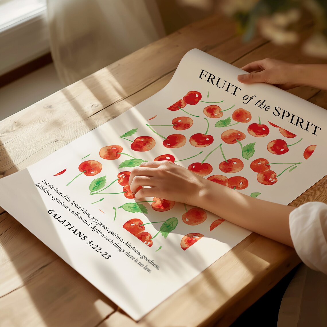 Fruit of the Spirit Galatians 5:22-23 Watercolor Cherries Pattern Verse Poster - Image 4