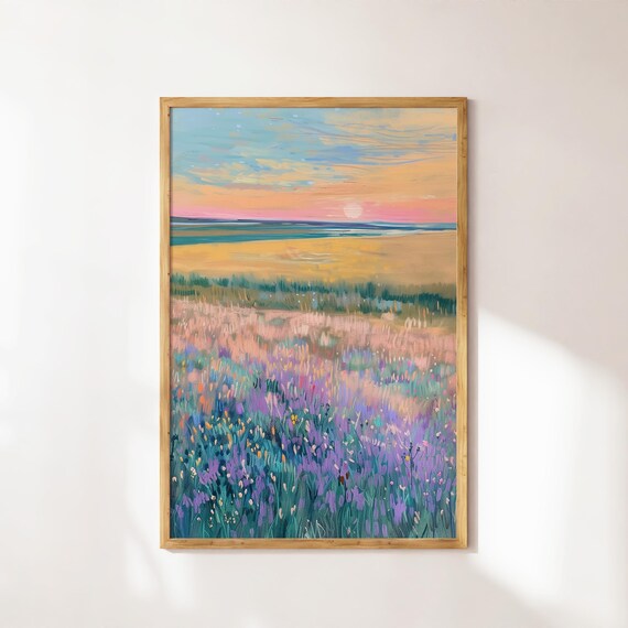 Sunset Wildflower Meadow Ocean Impressionist Landscape Art Poster