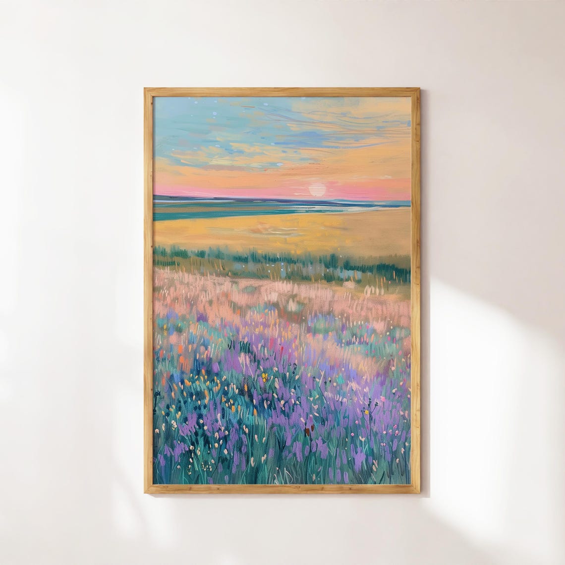 Sunset Wildflower Meadow Ocean Impressionist Landscape Art Poster